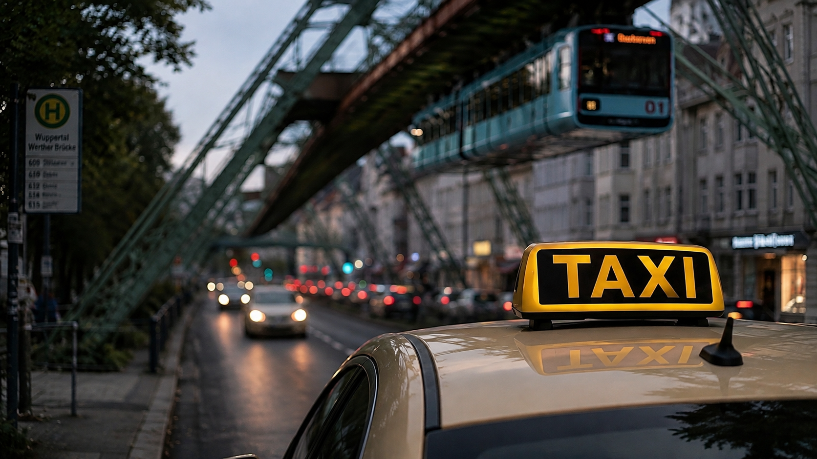 Taxi-Dachzeichen vor der Wuppertaler Schwebebahn