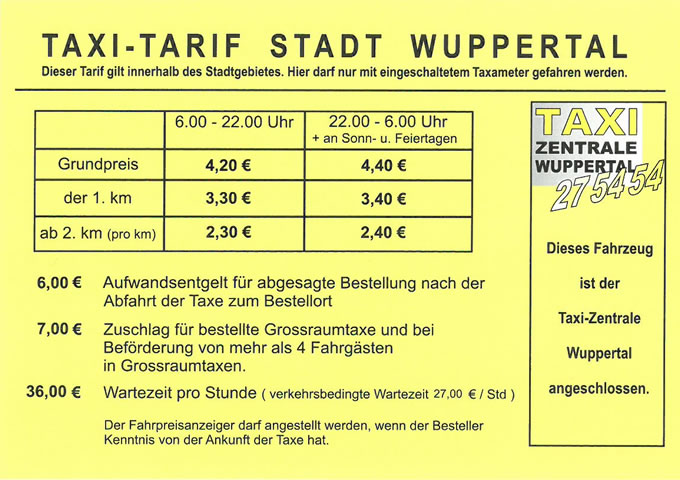 Stadt Wuppertal - Taxitarife 2022
